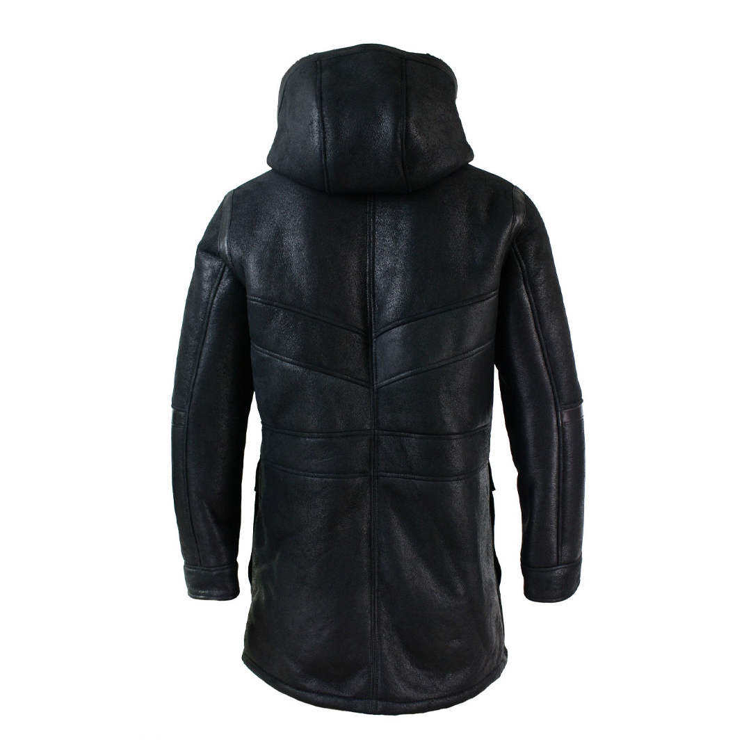 Black Real Hood Duffle Leather Shearling Coat