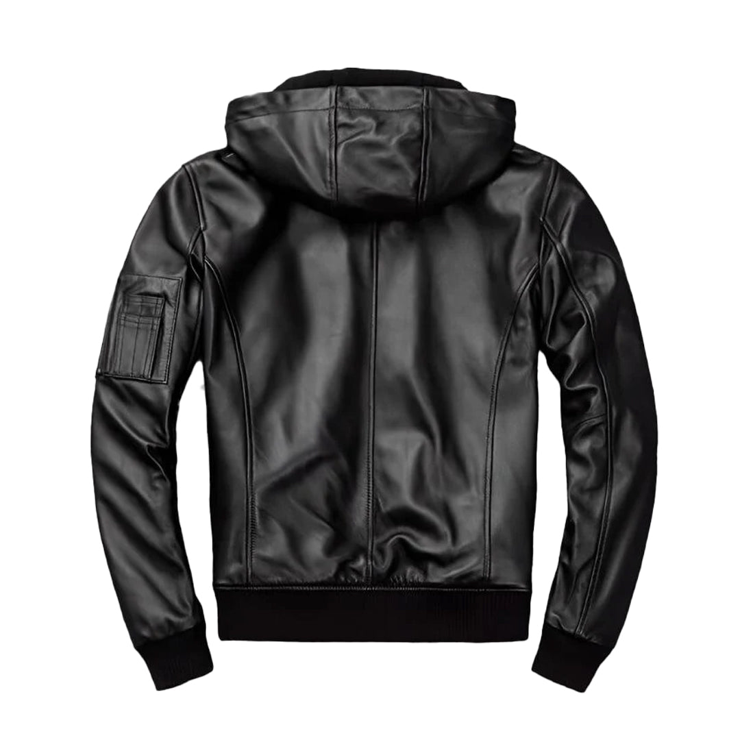 Men's Black Hooded Motorcycle Bomber Leather Jacket