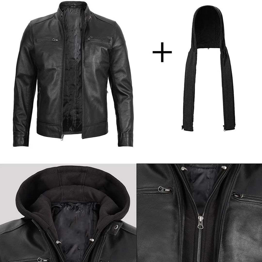 Men's Removable Hoodie Zipper closure Leather Jacket