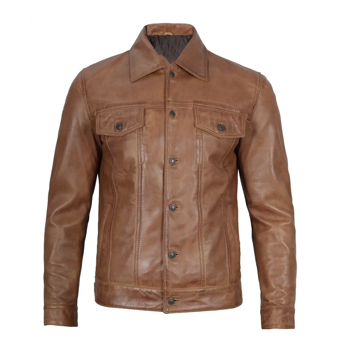 Men's Trucker Camel Brown Leather Jacket