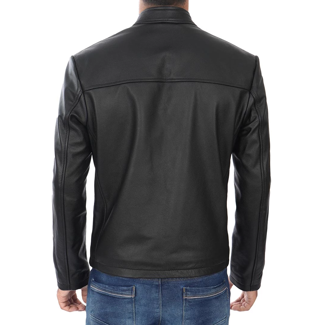 Men's Black Snap Collar Biker Leather Jacket