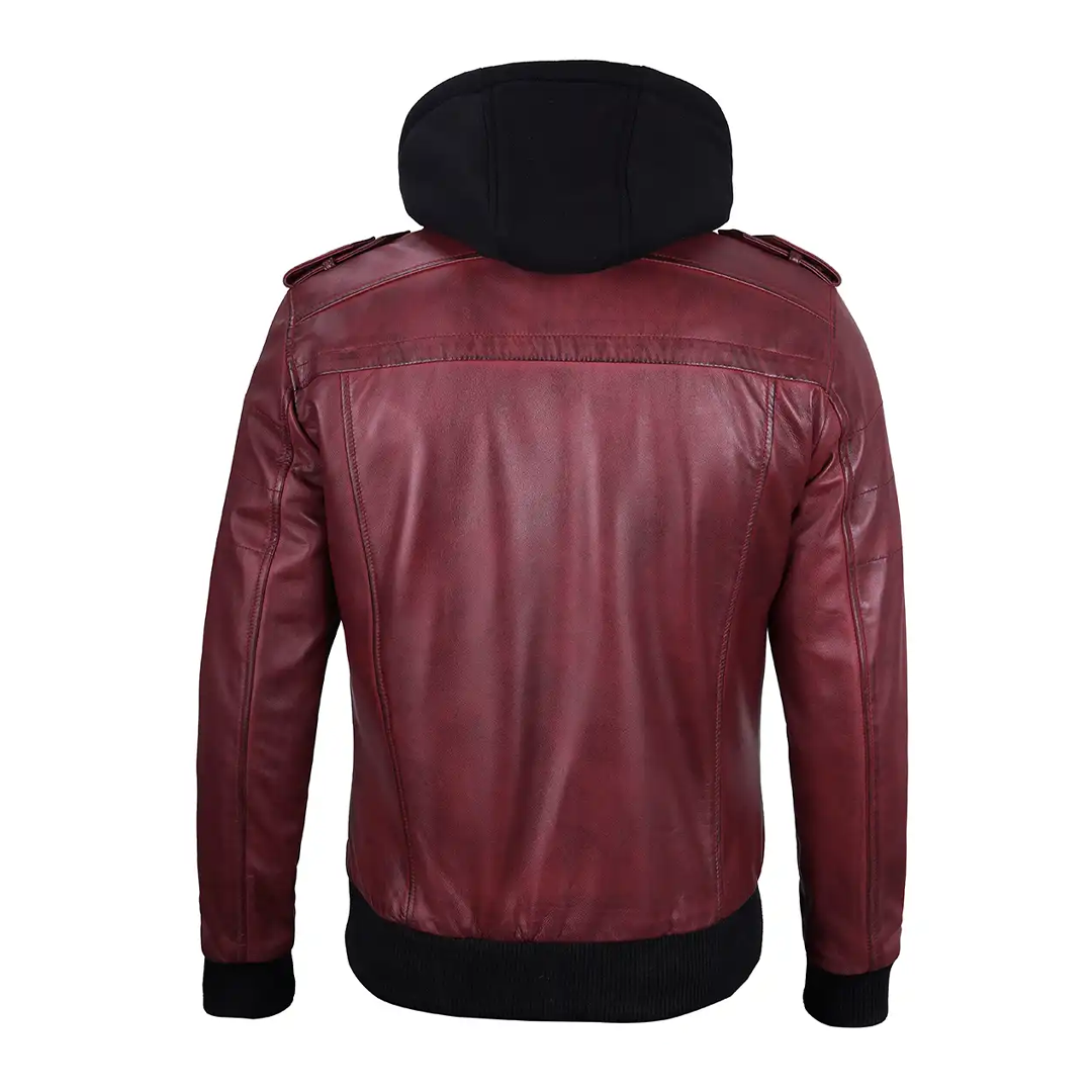 Men's Maroon Removable Hood Leather Jacket