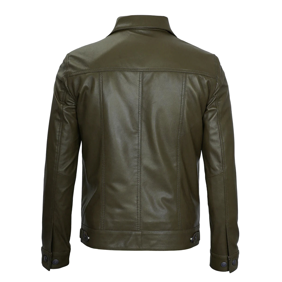 Men's Dark Green Fernando Real Leather Trucker Jacket