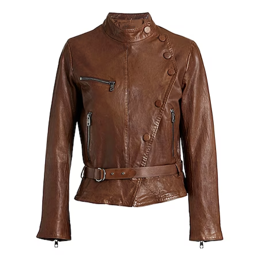 Women's Brown Stylesh Button Leather Jacket