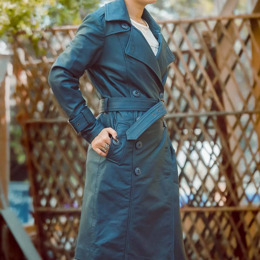 Women's Blue Double Breasted Leather Trench Coat