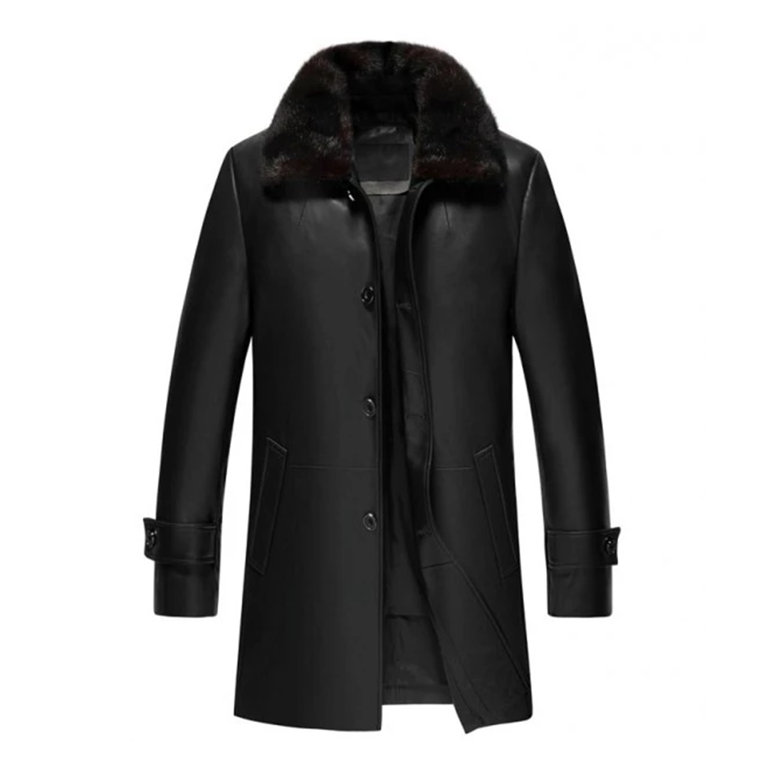 Black Fur Collar Leather Coat