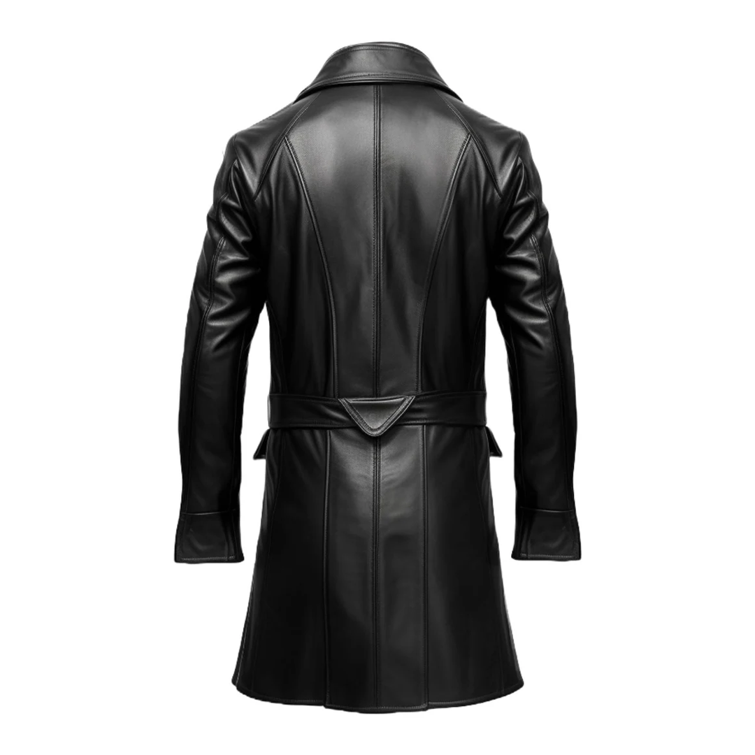 Black Strap Pocket Long Leather Coat