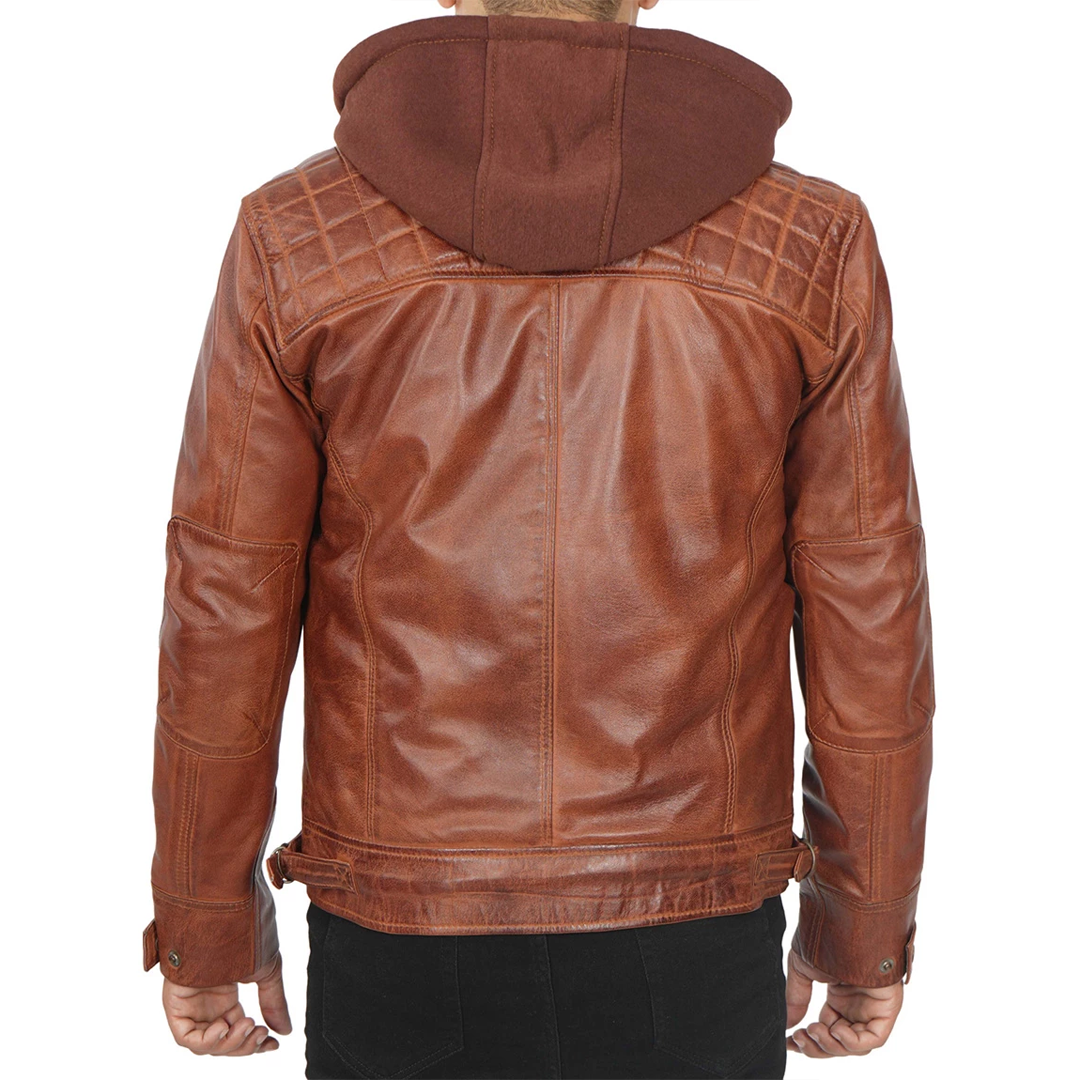 Men's Detachable Hood Johnson Tan Leather Jacket