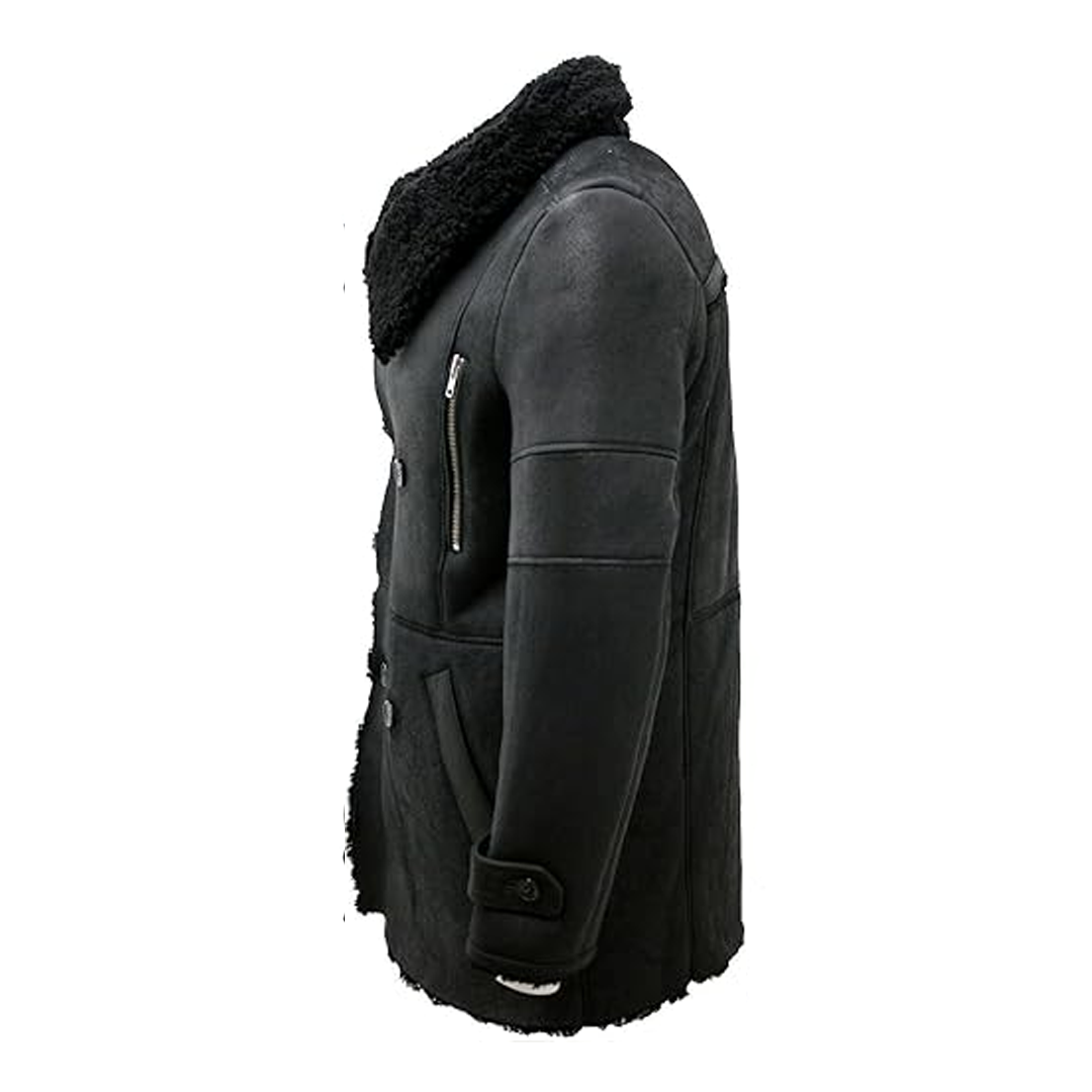 Black Reefer Double Breasted Warm Real Leather Coat