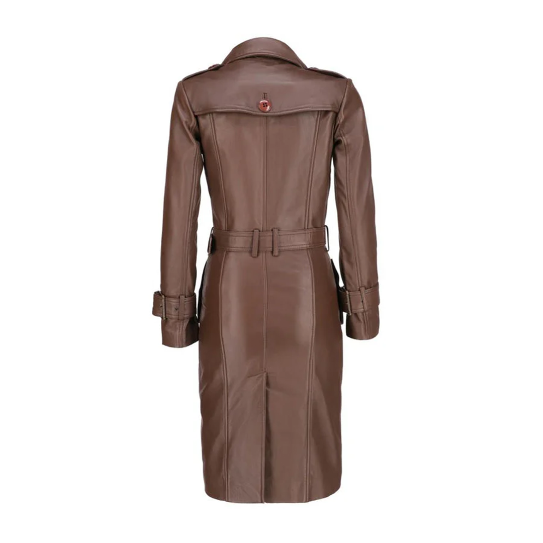 Women's Brown Double Breasted Leather Trench Coat