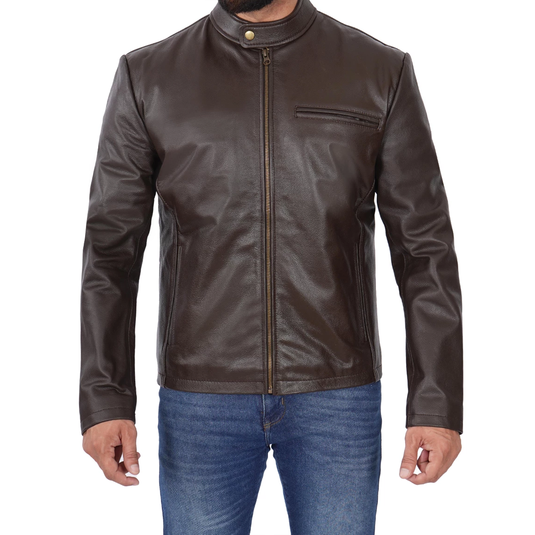 Men's Dark Brown Front Zipper Biker Leather Jacket