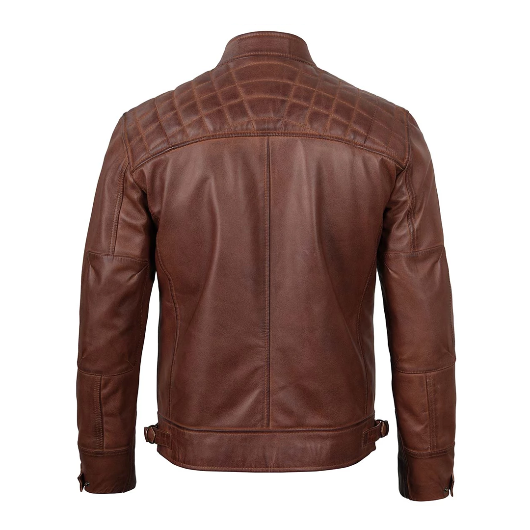 Men's Brown Cognac Racer Quilted Leather Jacket