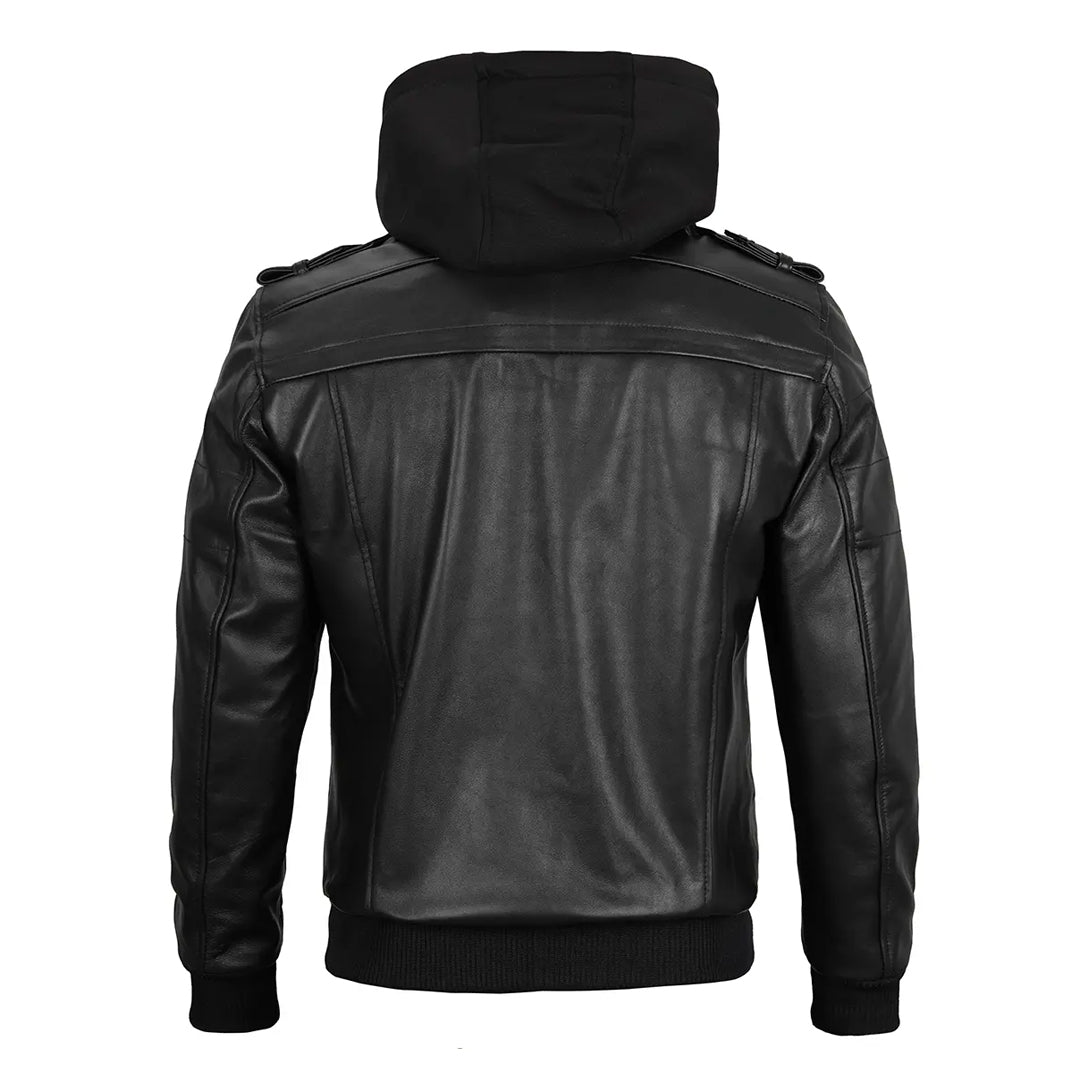 Men's Removable Hoodie Black Leather Jacket