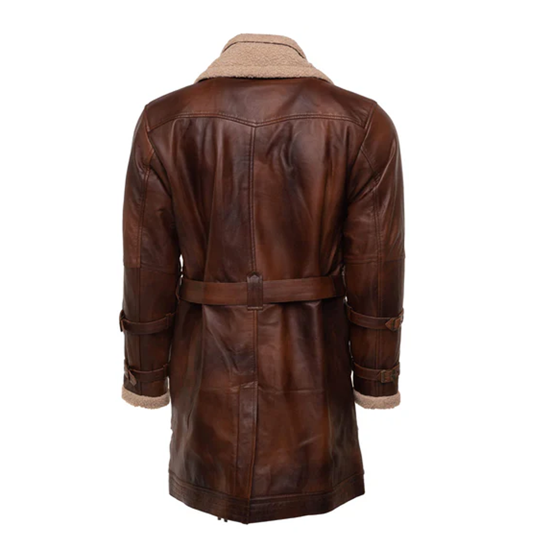 Rust Sherpa Lining Trench Leather Coat