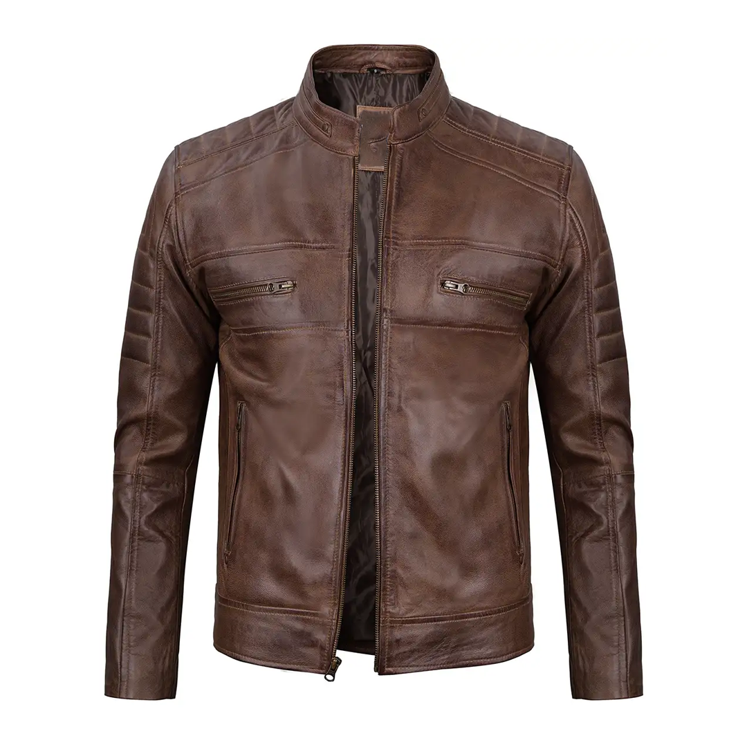 Men's Coffee Brown Distressed Biker Leather Jacket