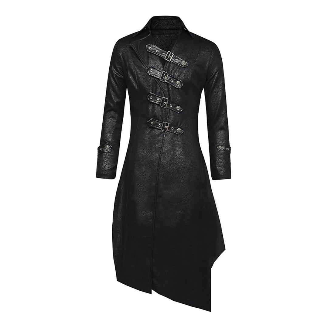 Black Gothic Steampunk Long Leather Trench Coat