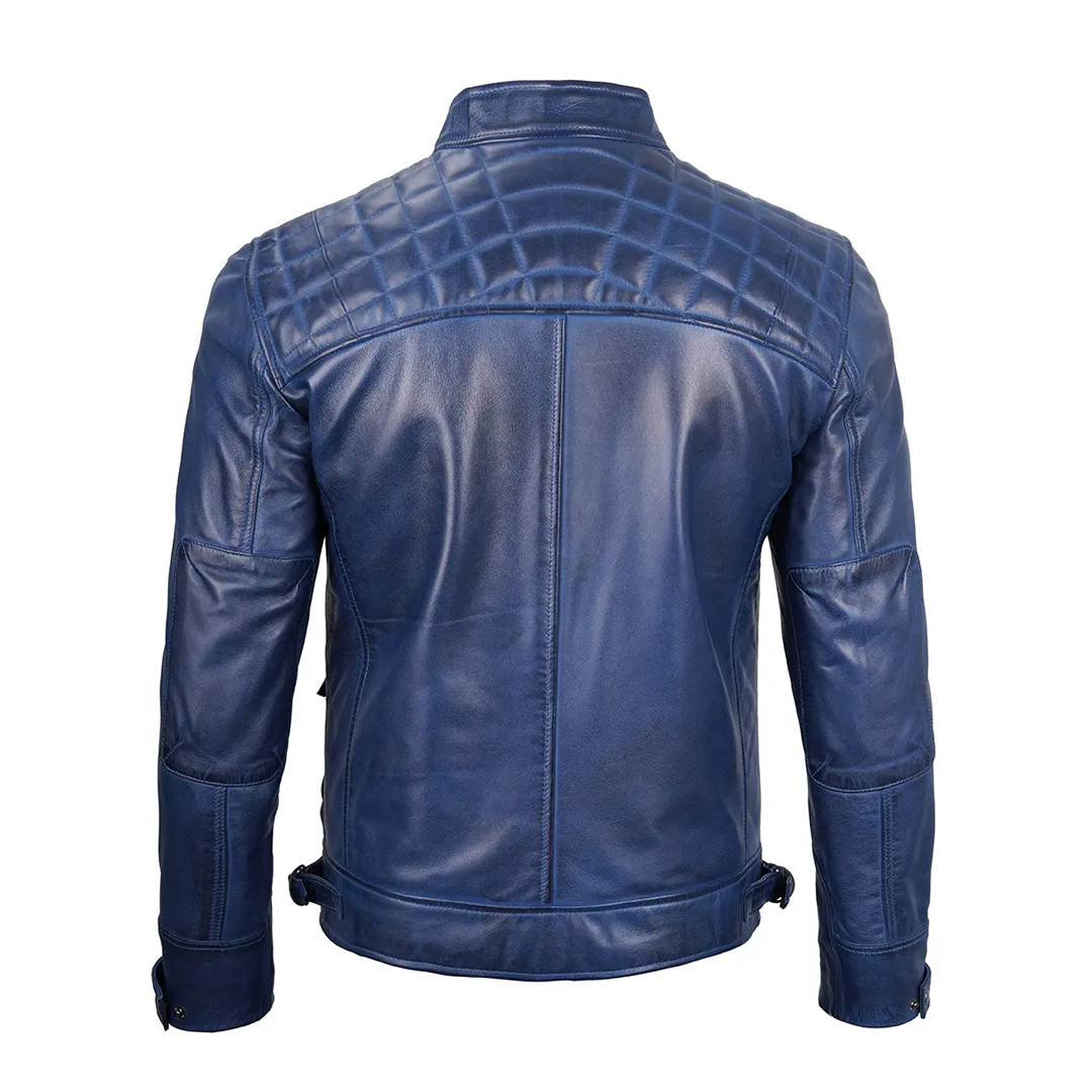 Men's Navy Wax Cafe Biker Leather Jacket