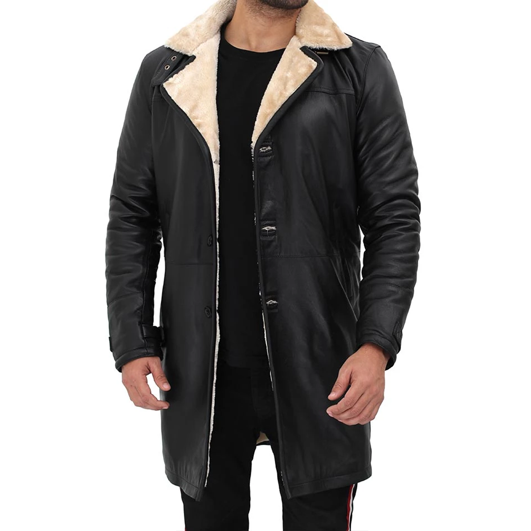 Beige Black Shearling Leather Coat