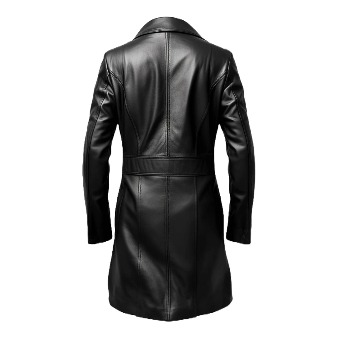 Black Stylish Button Long Leather Coat