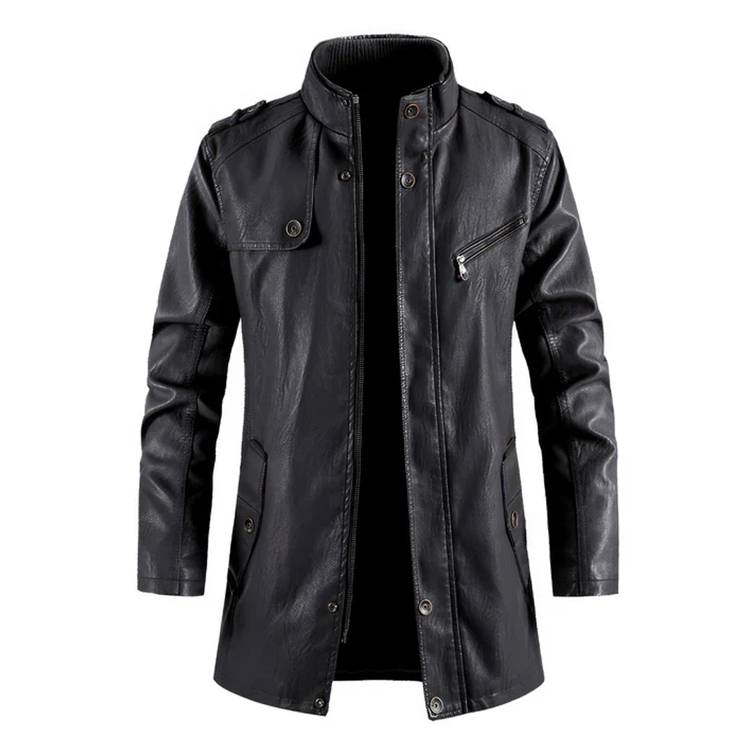 Black Stand Collar Vintage Casual Biker Leather Coat