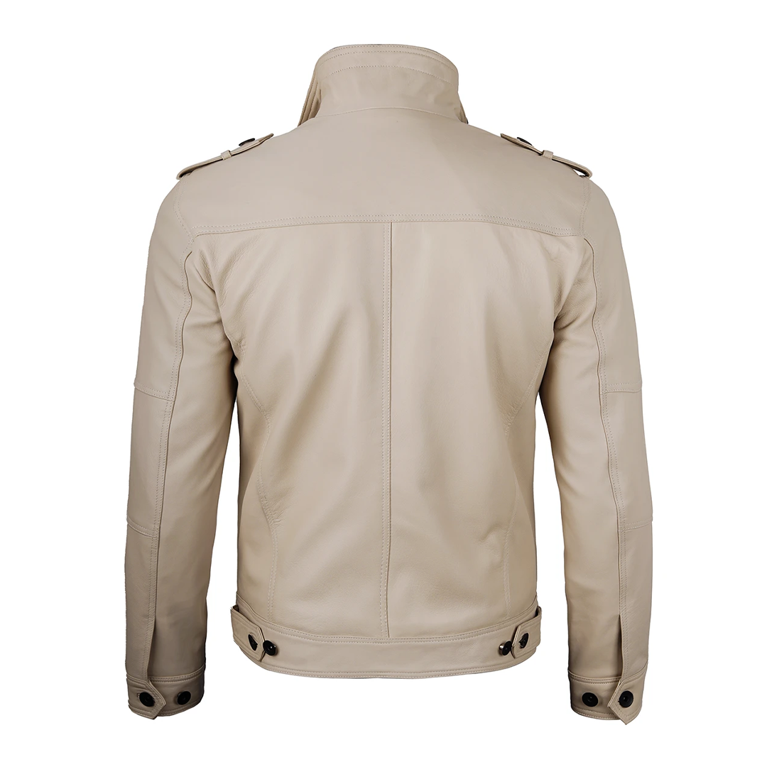 Men's Distressed Tavares Beige Biker Leather Jacket