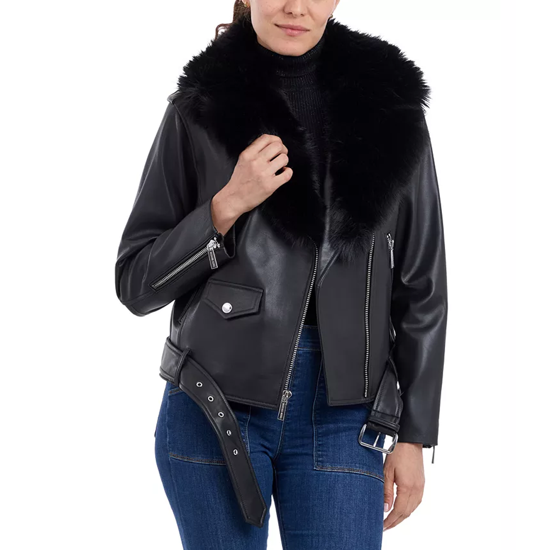 Women's Petite Fur-Collar Moto Leather Coat