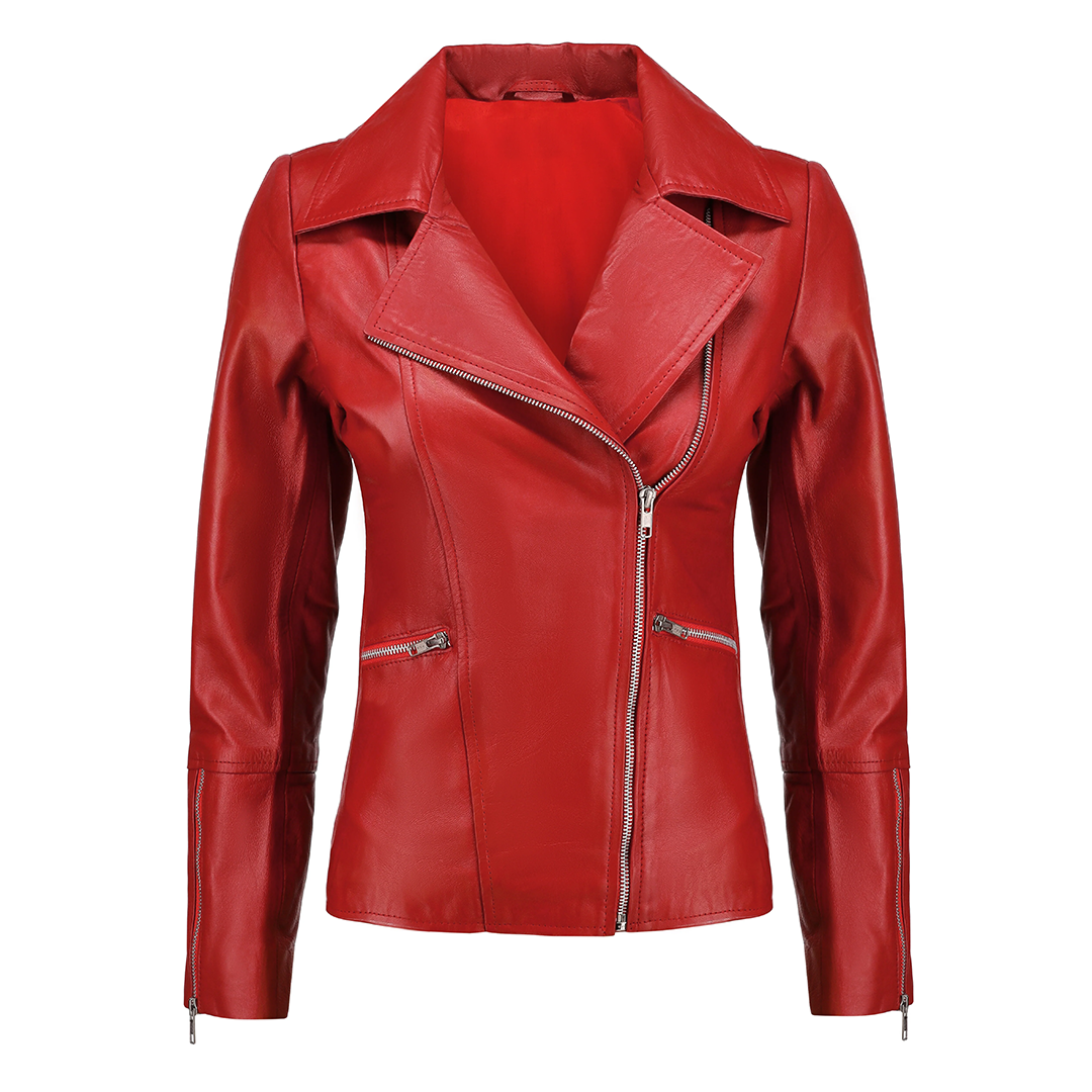 Women's Red Asymmetrical Biker Leather Jacket