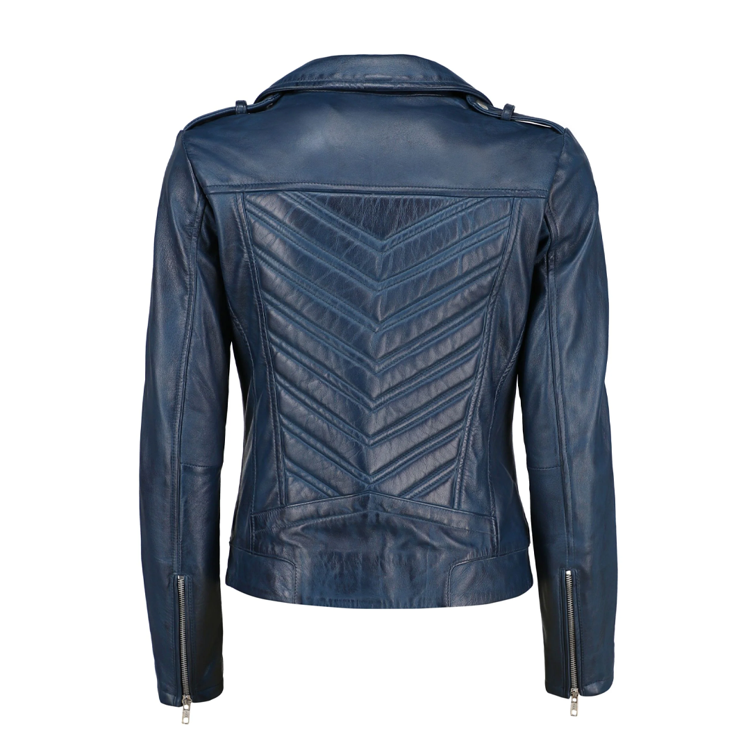 Women's Blue Zip-Up Handwaxed Moto Leather Jacket