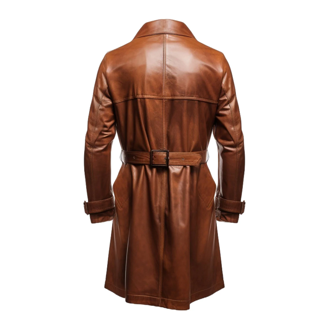 Brown Vintage Button Style Long Leather Coat