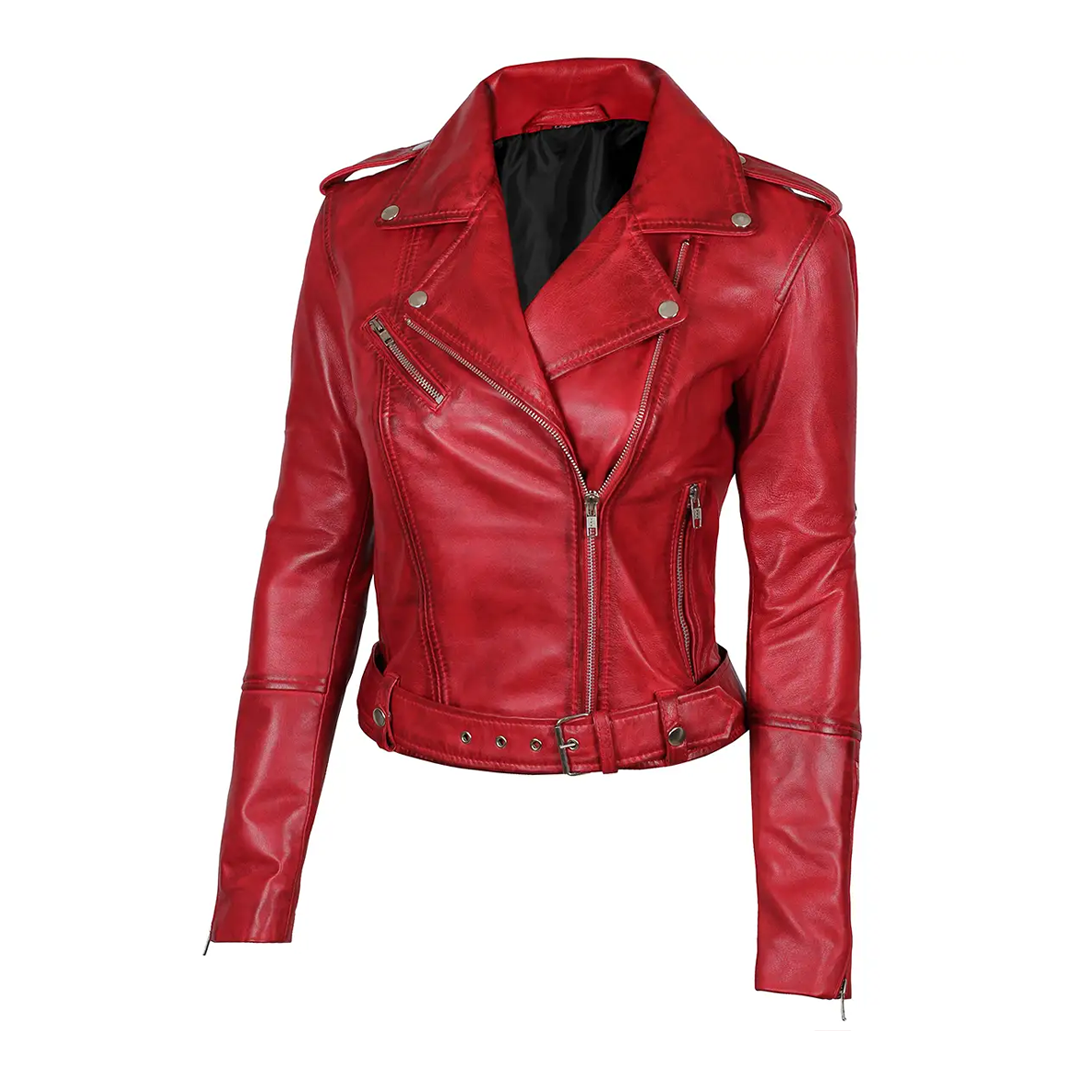 Women's Red Margaret Biker Leather Jacket