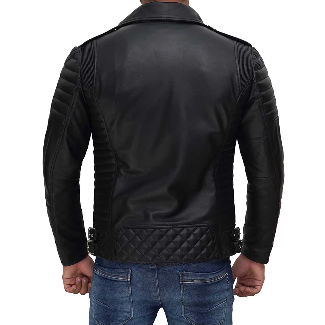 Mens Biker Style Asymmetrical Black Leather Jacket