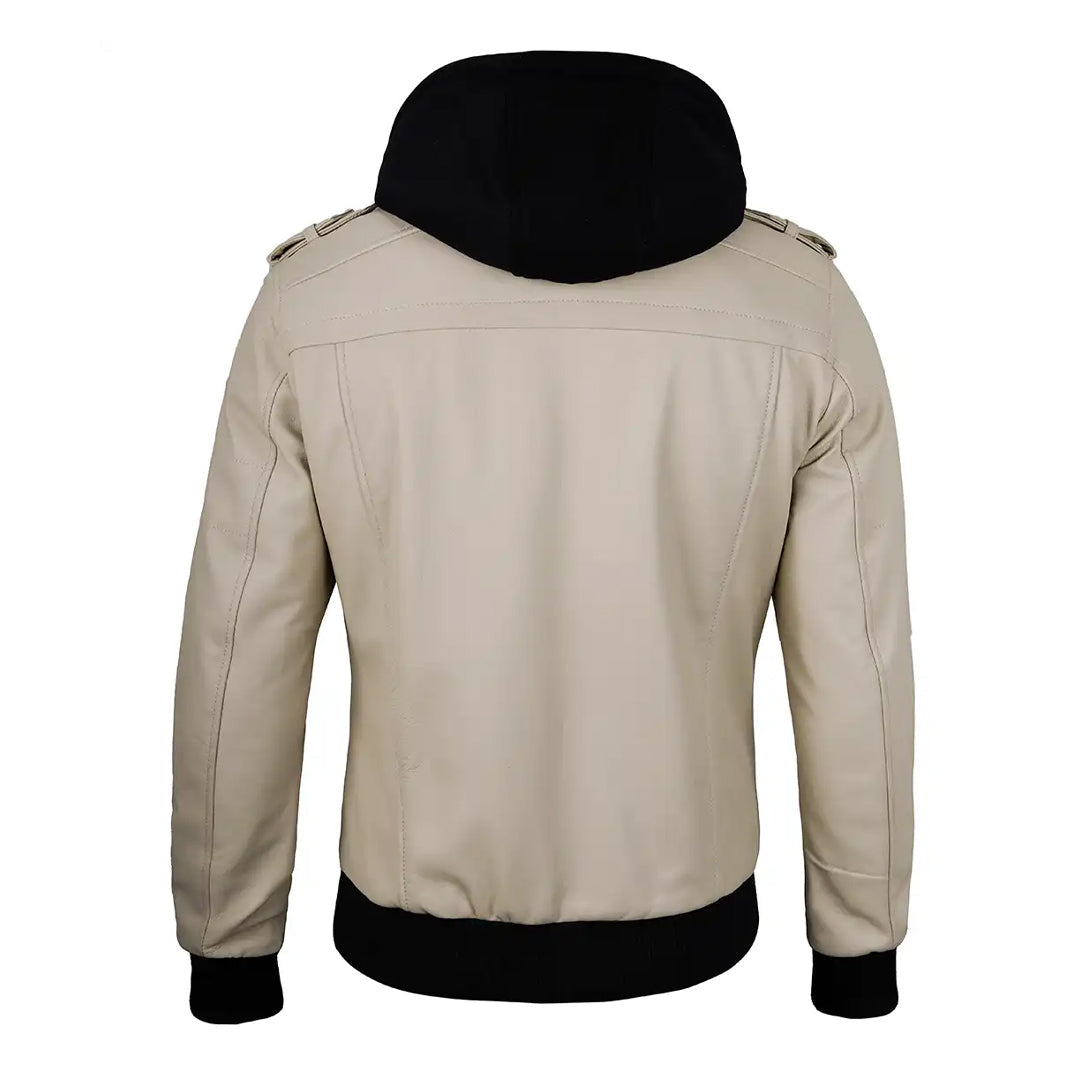 Men's Beige Removable Hood Leather Jacket