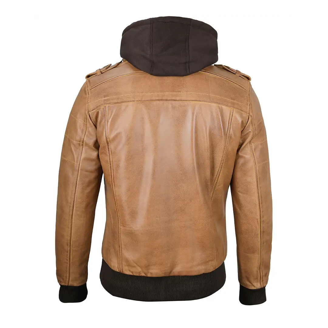 Men's Camel Brown Removable Hood Leather Jacket