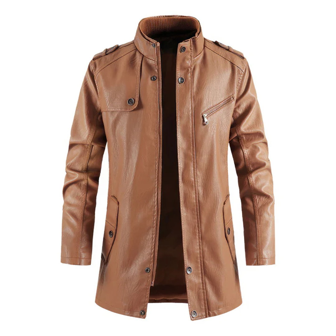 Brown Stand Collar Vintage Casual Biker Leather Coat