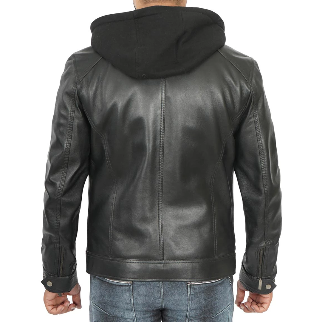 Men's Black Removable Hoodie Leather Racer Jacket