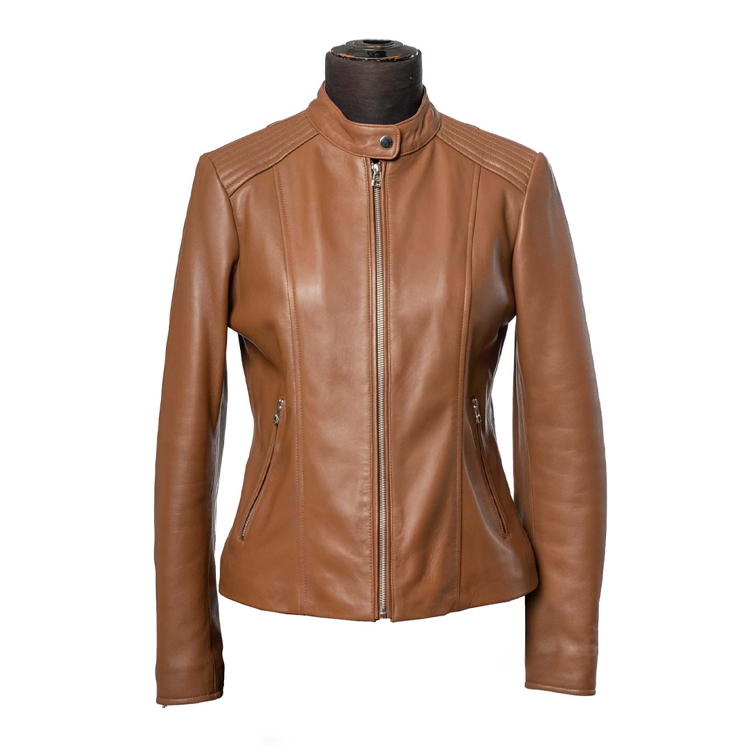 Women's Camel Brown Full Grain Biker Leather Jacket