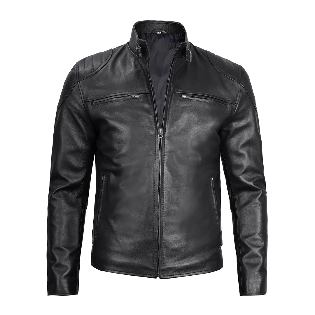 Men's Black Simple Collar Real Leather Jacket