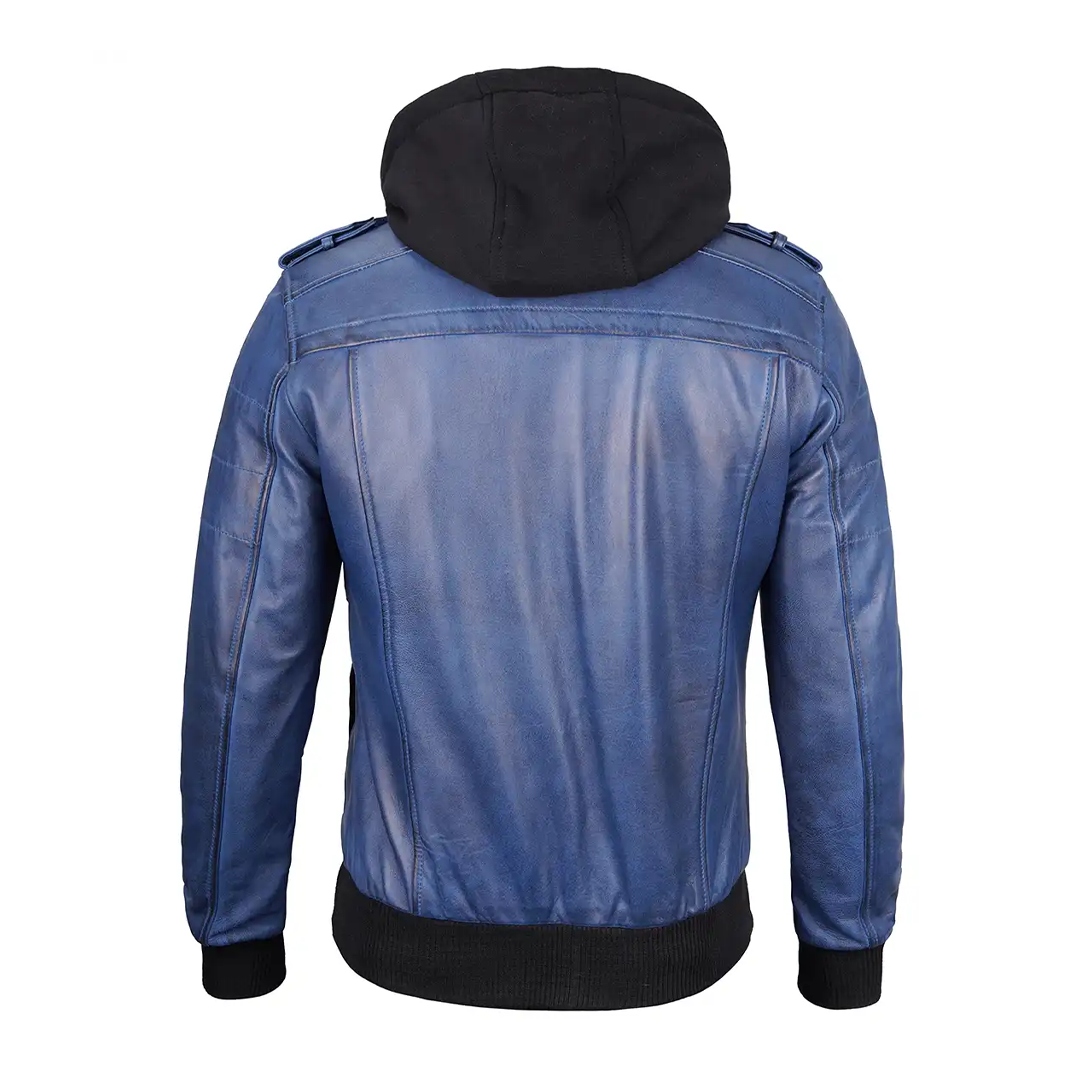 Men's Blue Removable Hood Leather Jacket