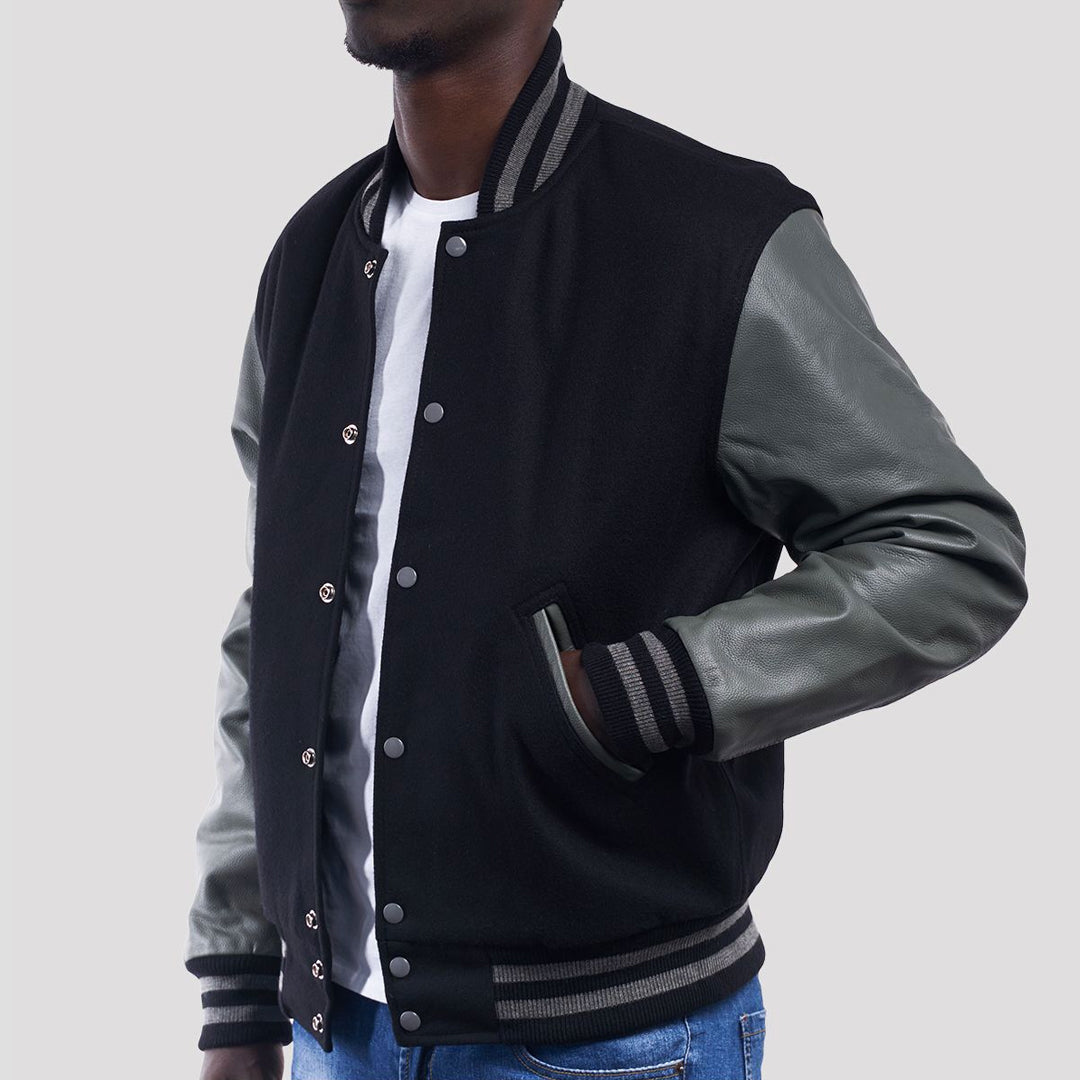 Black Wool Body & Grey Leather Sleeves Varsity Jacket