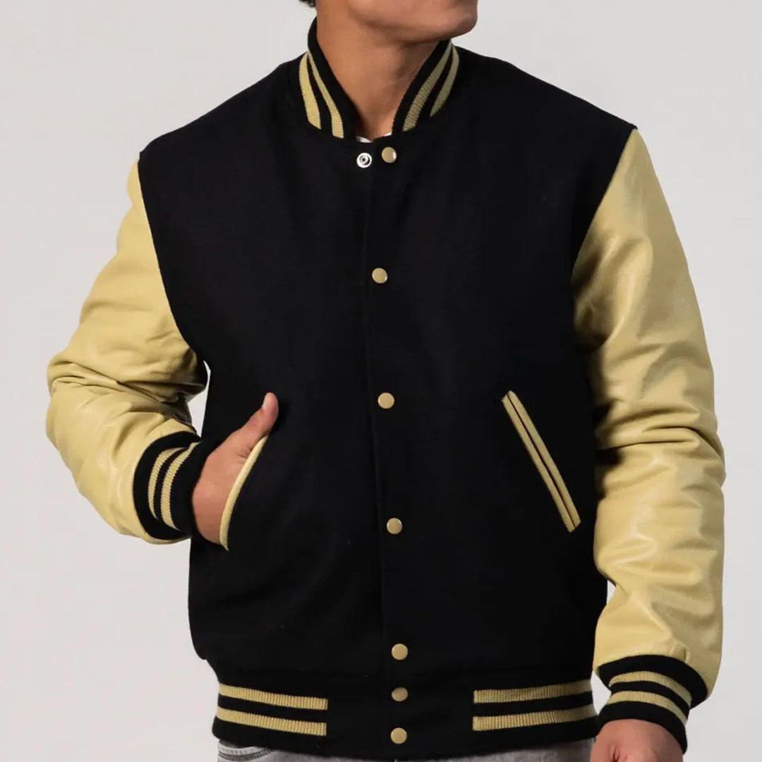 Black Melton Wool Body & Vegas Gold Leather Sleeves Varsity Jacket