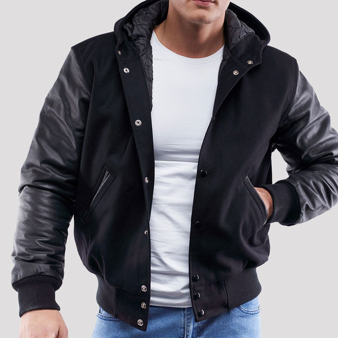 Black Wool Body & Black Leather Sleeves Hoodie Varsity Jacket