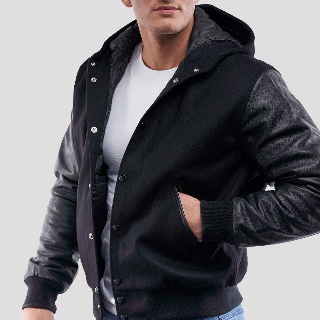 Black Wool Body & Black Leather Sleeves Hoodie Varsity Jacket