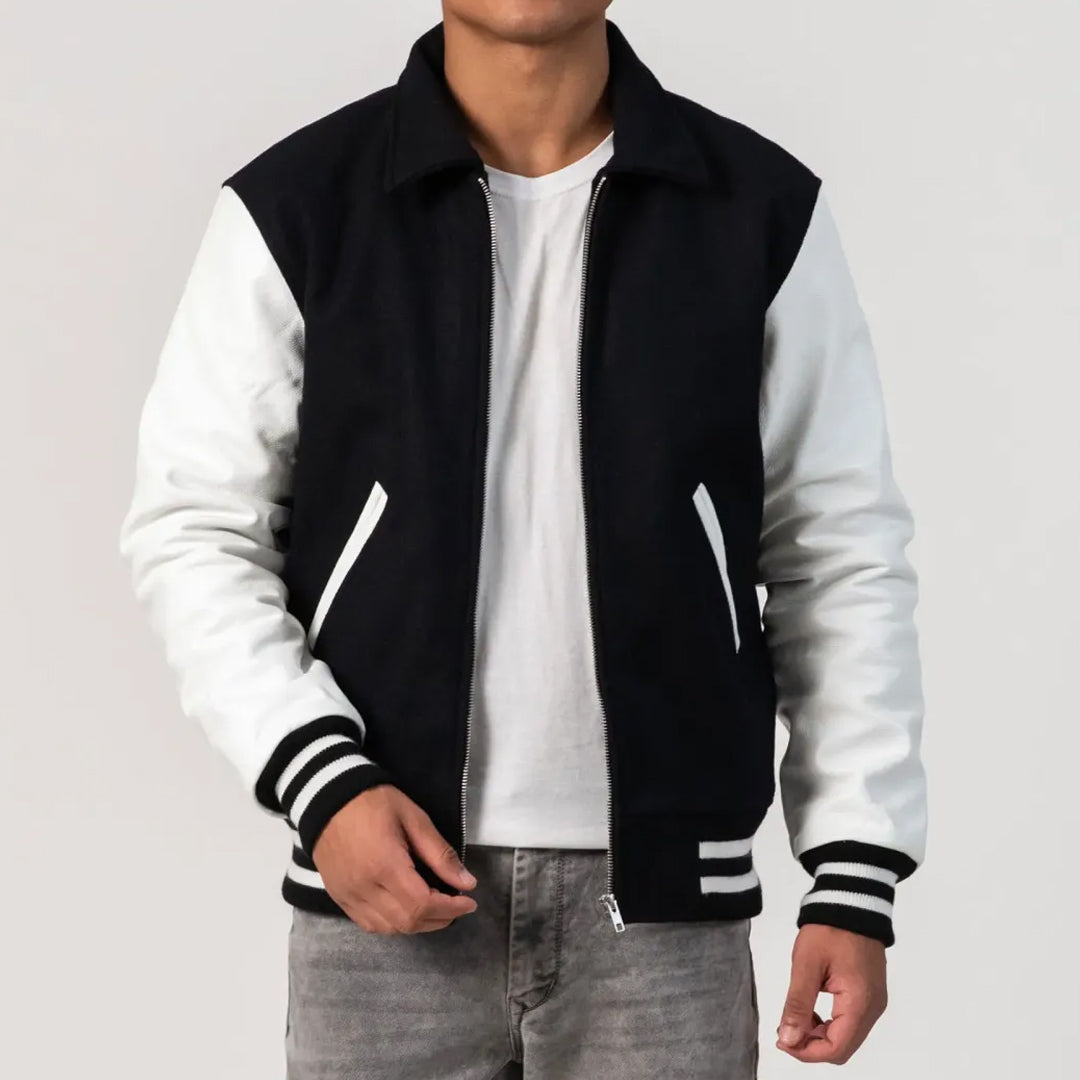 Black Body & White Leather Sleeves, Byron Collar and Zipper Varsity Jacket