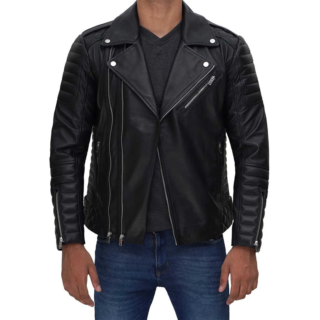 Mens Biker Style Asymmetrical Black Leather Jacket