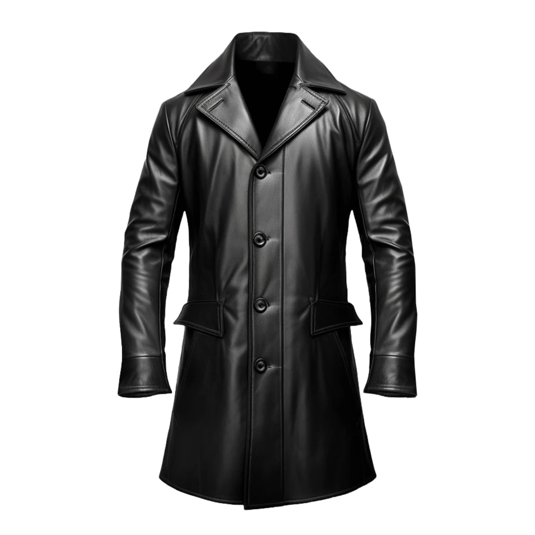 Black Strap Pocket Long Leather Coat