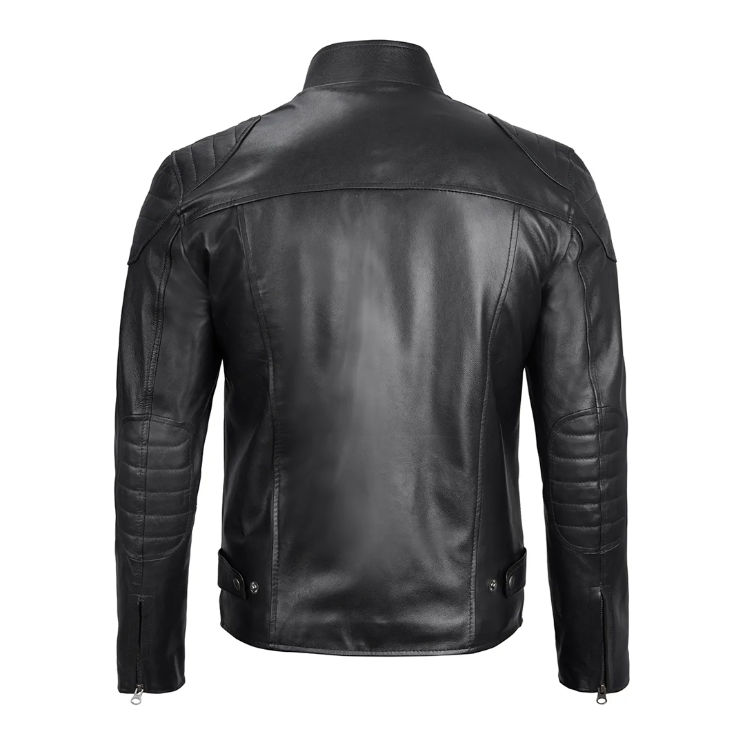 Men's Black Simple Collar Real Leather Jacket