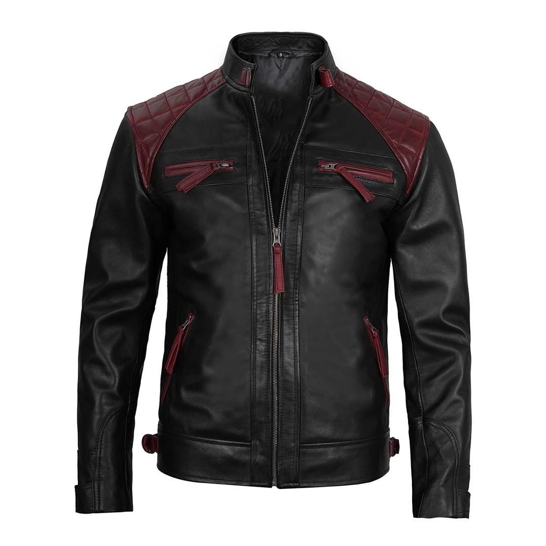 Men's Black and Maroon Quilted Leather Jacket