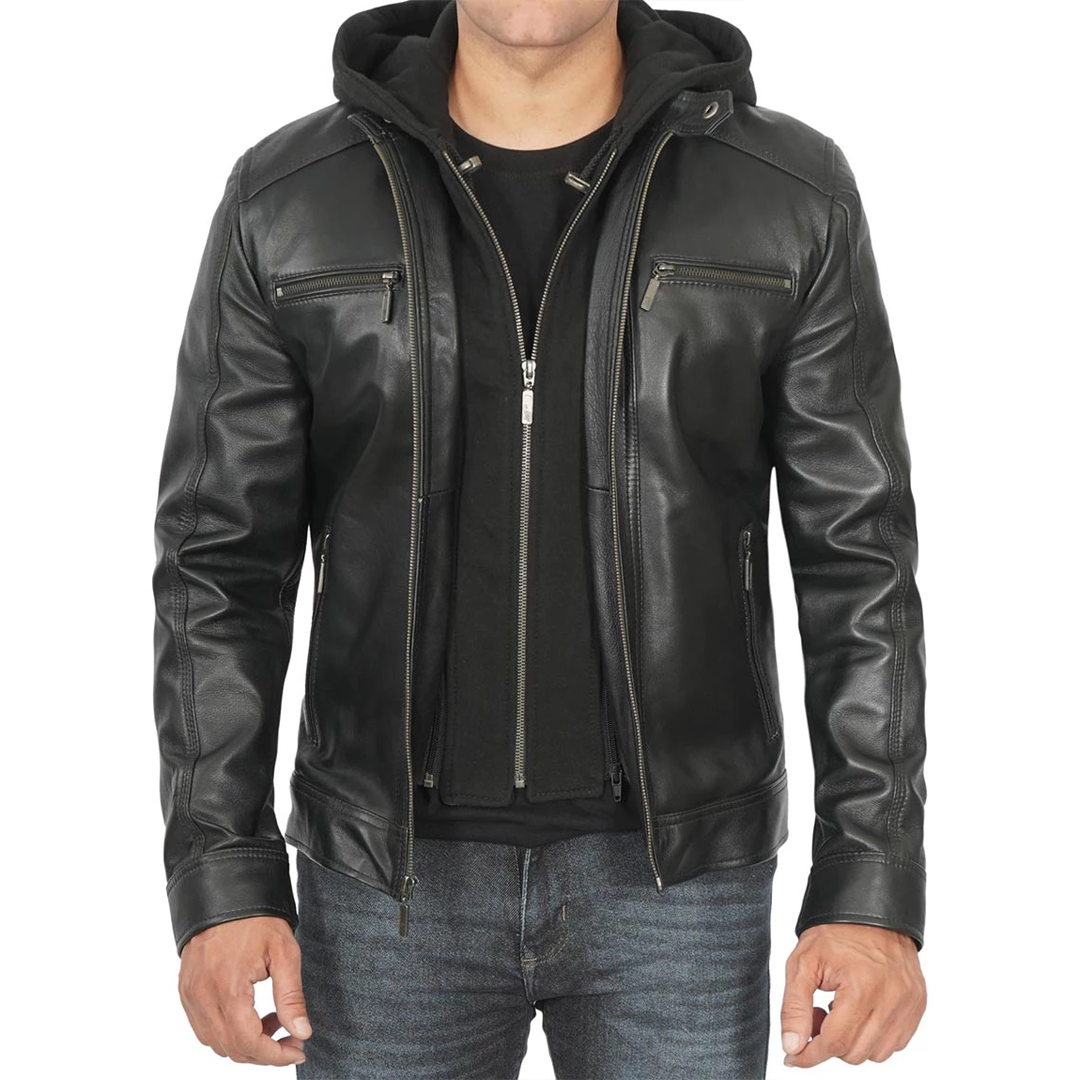 Men's Black Removable Hoodie Leather Racer Jacket