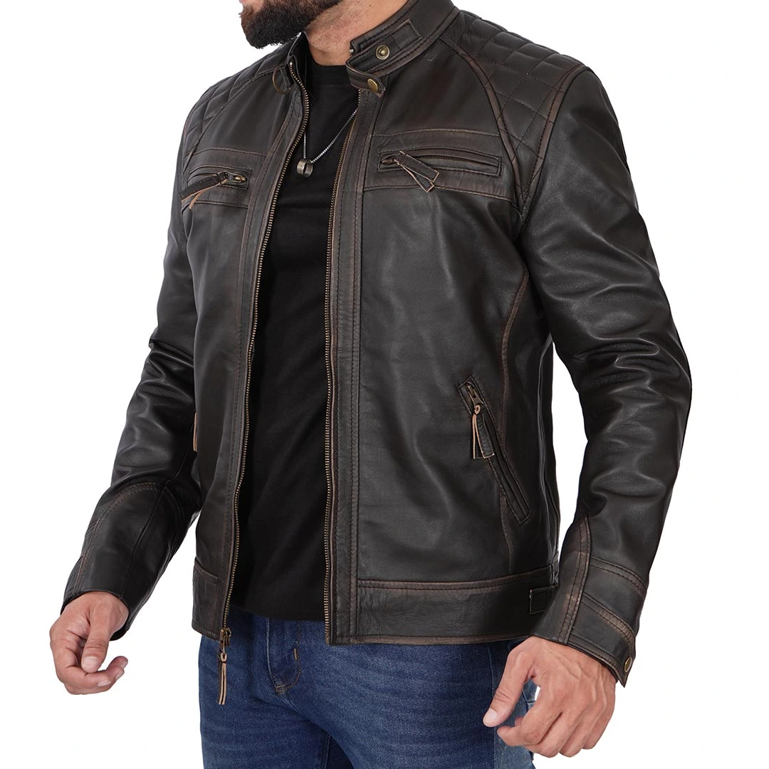 Men's Cafe Racer Distressed Brown Leather Jacket