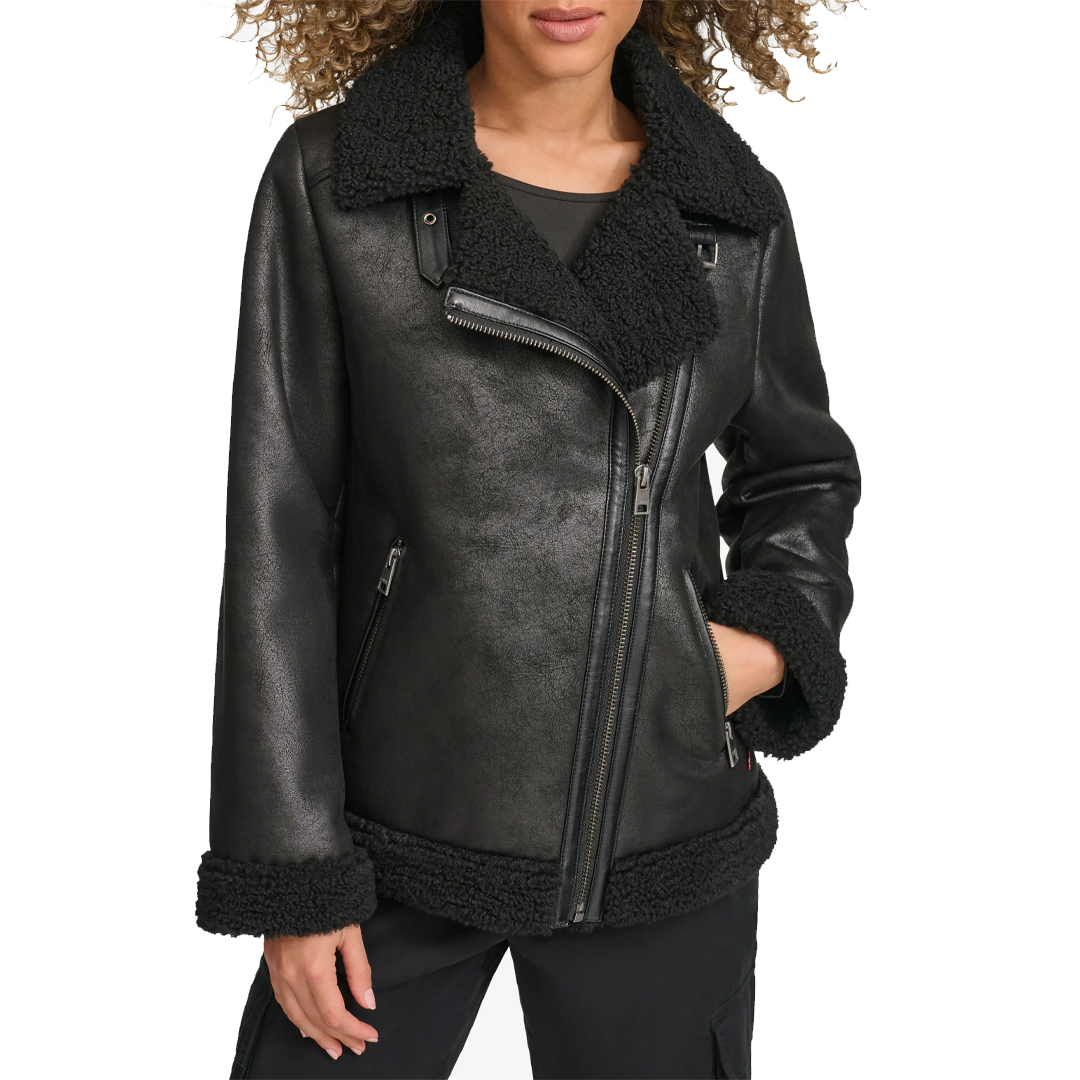 Women's Lined Faux Shearling Moto Leather Jacket